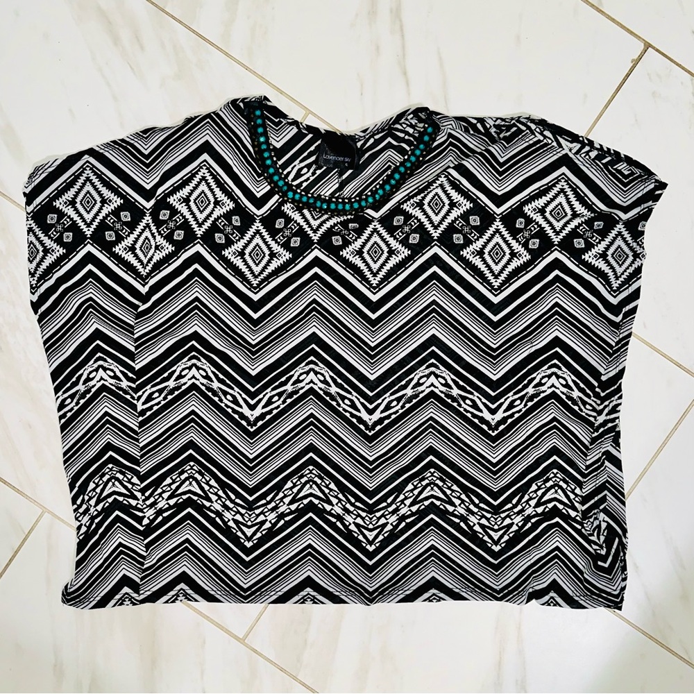 Lavender Sky XL Black White Aztec Tribal Beaded Top Turquoise Chevron Boho